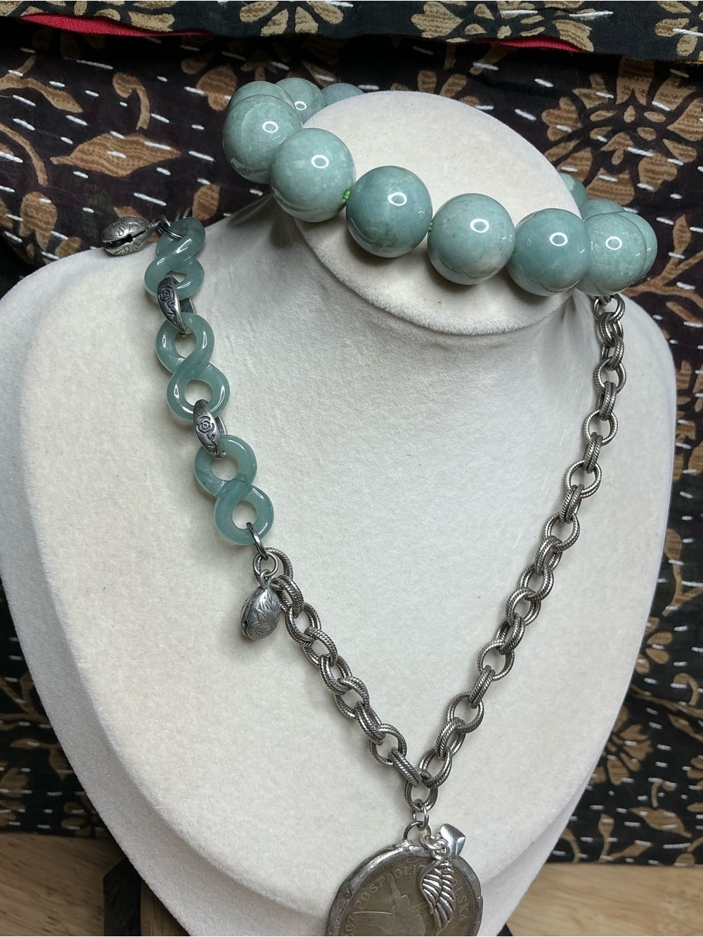 Antique Silver Rollo Necklace 17” with Angel Coin and Blue Water Jade Connectors - Picture 10 of 10